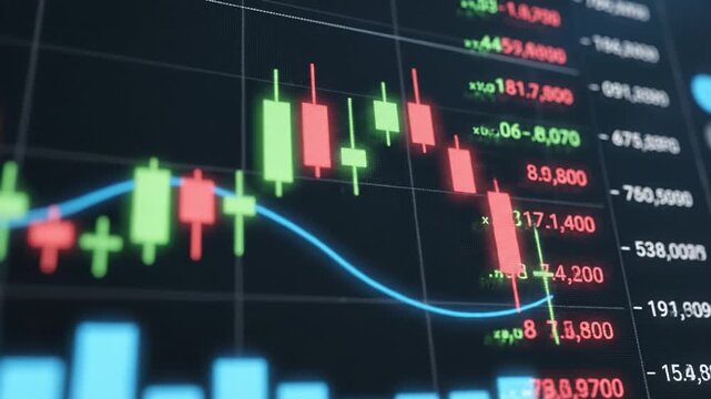 Green and red candlestick chart blue moving average line financial data visualization trading screen market volatility stock chart price bars histogram bars closeup of monitor green candlestick