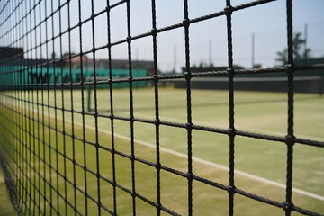 Tennis court netting close up with blurred green court and buildings in background