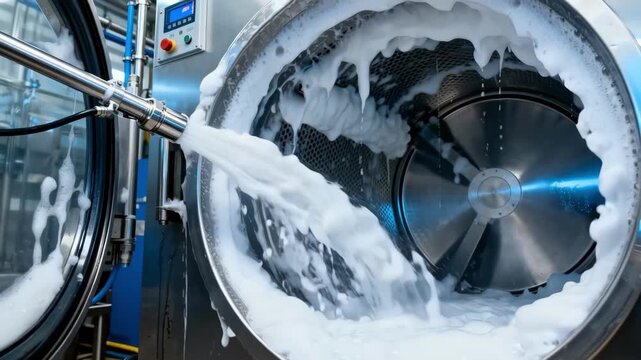 Medium shot of cleaninplace sprayers applying thick foam inside industrial dryers highlighting the thorough sanitation process in food or pharmaceutical manufacturing.