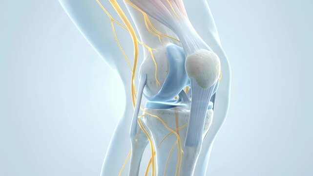 3d medical knee joint anatomy showing ligaments and nerves moving through flexion and extension motion