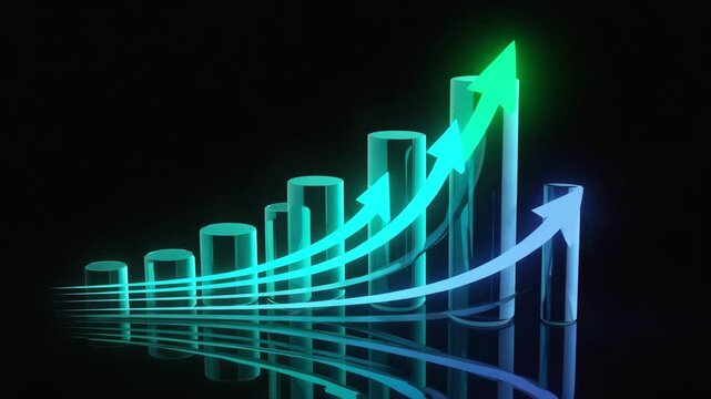 Dynamic 3 D Growth Chart with Rising Arrows and Cylindrical Bars Showing Positive Business Trends