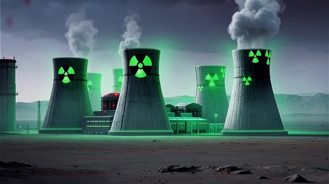 Stylized nuclear power plant with green toxic glow and radiation symbols. Environmental danger and energy crisis concept video.