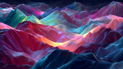 Obraz premium Futuristic abstract landscape iridescent mountain terrain neon colorful ridge valley with glowing light, dreamy digital background, surreal