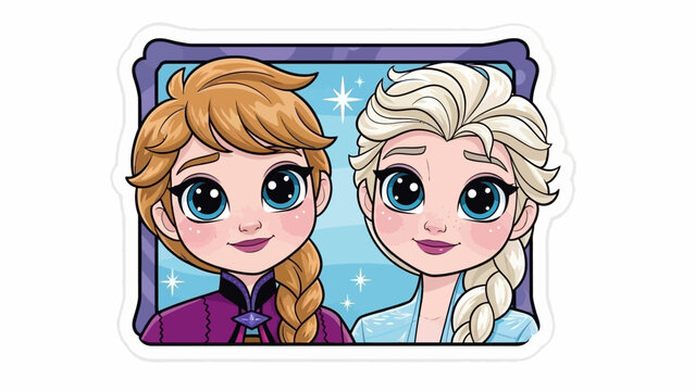 Cute 3D sticker of cartoon princesses Anna and Elsa from Frozen, showcasing their smiling faces side by side