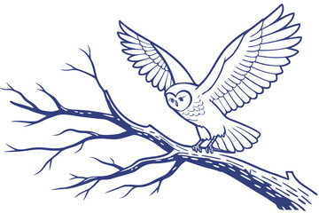 Obraz premium An owl with its wings spread takes flight from a tree branch in a stylized blue ink drawing.