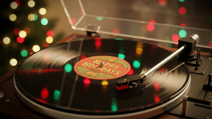 Obraz premium Vintage record player with 'Happy Holidays' vinyl and Christmas lights 