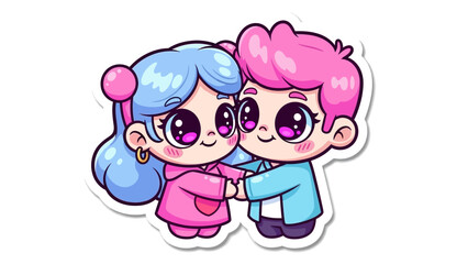 Fototapeta premium Cute 3D sticker of two cartoon friends, boy and girl, holding hands in a friendly gesture