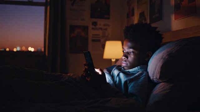 African american teenager using smartphone in bed from sunset to night
