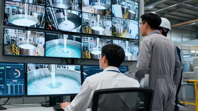 Medium shot showing technicians observing multiple camera feeds and digital charts on screens optimizing crystallization processes using AI technology in an industrial facility.