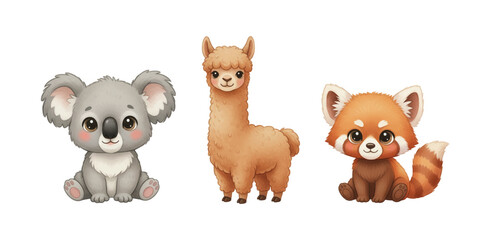 Obraz premium Cute adorable koala alpaca and red panda characters standing and sitting together looking friendly