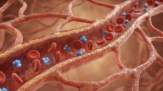 Red blood cells and plasma proteins flowing through a small blood vessel inside human tissue microcirculation