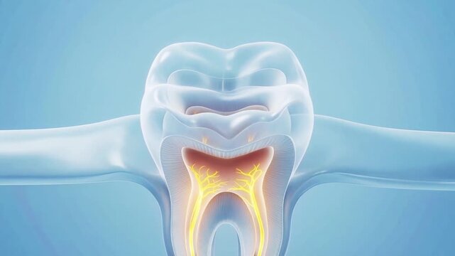 Tooth cross section showing pulp chamber and root canal nerves as the crown changes shape and structure