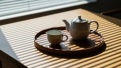 Fototapeta premium Peaceful tea set on wooden tray in sunlit room with striped shadows