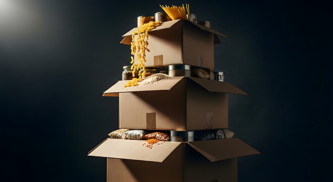 A vertical stack of three cardboard boxes overflowing with pasta, rice, and lentils.