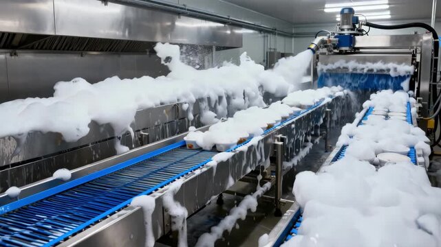 Medium shot of automated foam cleaning system applying thick cleaning suds onto processing conveyors in a food production facility for effective sanitization.