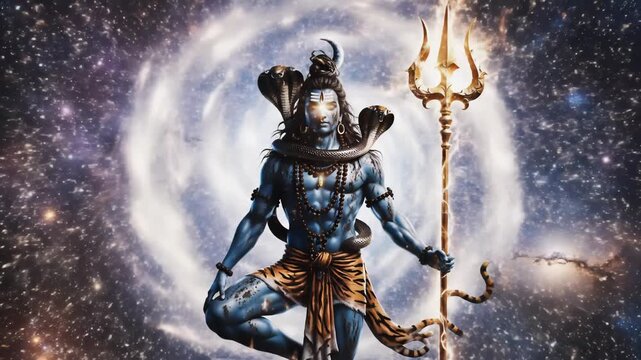  Majestic statue of a blue-skinned, multi-headed deity with a serpent adornment, holding a trident within a swirling cosmic nebula and starry expanse.