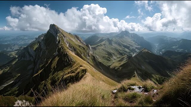 Majestic mountain range under a dramatic sky, showcasing rolling hills and rugged peaks in a breathtaking landscape view