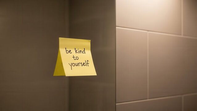 Inspirational note on mirror with "be kind to yourself" message for self care and motivation