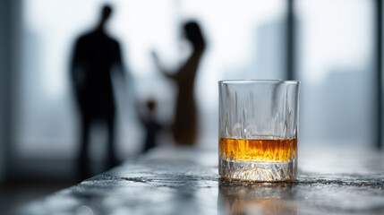 Glass of whisky and dark silhouettes of family in the background