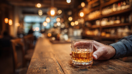 Man's hand with glass of cognac in a bar
