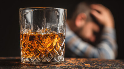 Desperate man holding his head, glass of hard liquor in the foreground