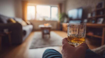 Man is holding a glass of whisky