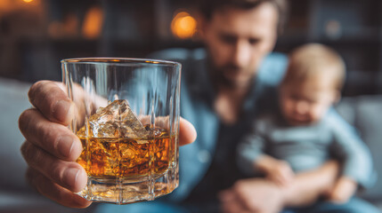 Man reaching for a glass of alcohol, his child is crying. Dependence, failure to quit drinking concept