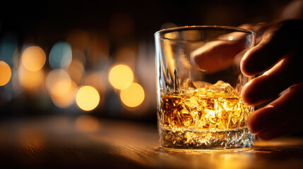 Man's hand with glass of cognac in a bar