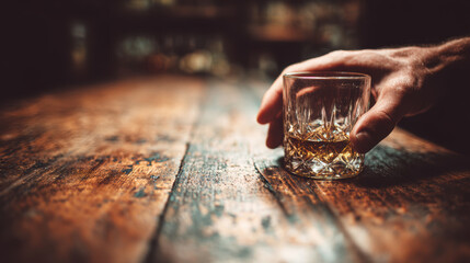 Man's hand with glass of cognac in a bar