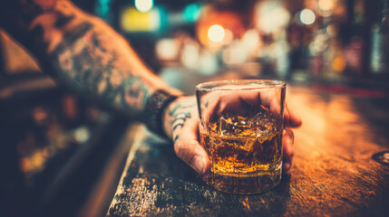 Man's hand with glass of cognac in a bar