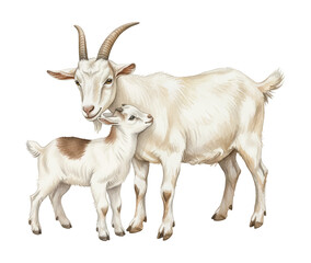 Fototapeta premium Sweet Mother Goat and Adorable Baby Kid Standing Close Together in a Loving Affectionate Pose Realistic Detailed Illustration