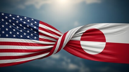 Flags of the United States of America and Greenland intertwined in wavy fabric under a blue sky with clouds.
