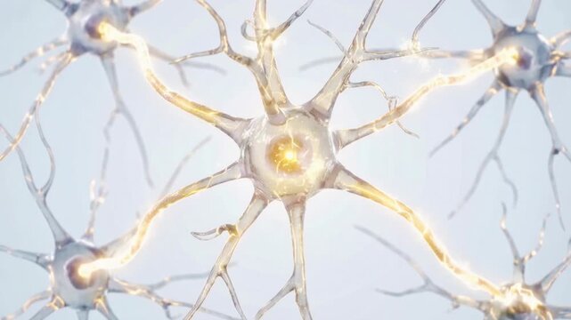 Neuron cell transmits electrical impulse through branching dendrites and axon in neural network closeup