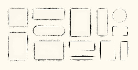 Fototapeta na wymiar Spray Paint Grunge Frames Set for text, photo, logo. Blank label and frame shapes with spray grain edges. Grunge callouts in spray graffiti style. Vector rectangles, rounded, circle placeholders. 