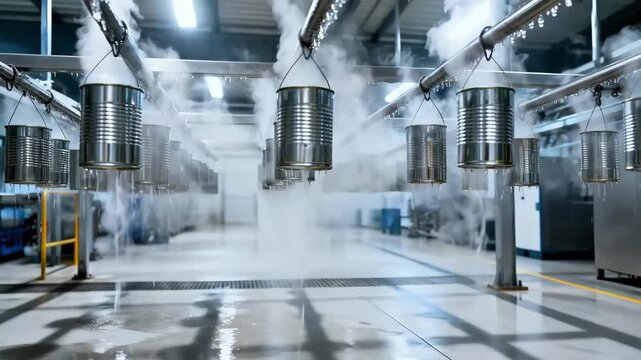 Medium shot of hot cans hanging on drip racks gently drying after sterilization showcasing the methodical arrangement and controlled factory environment.