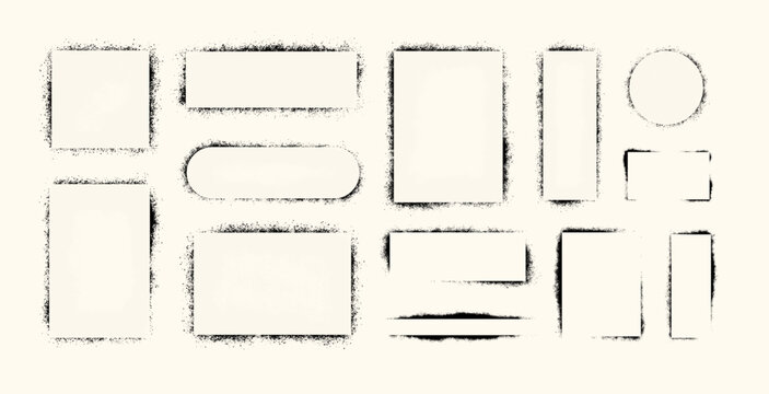 Spray Paint Grunge Frames Set for text, photo, logo. Blank label and frame shapes with spray grain edges. Grunge callouts in spray graffiti style. Vector rectangles, rounded, circle placeholders. 
