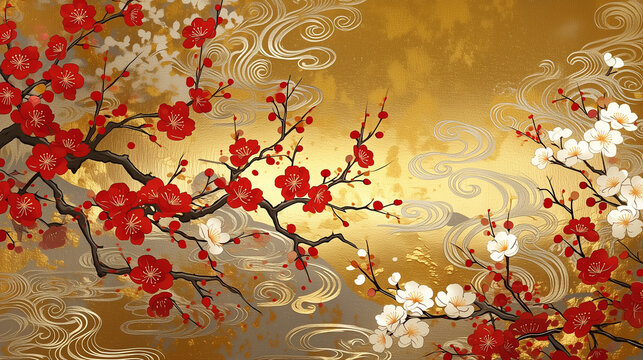 伝統的な琳派風の梅の花と金屏風の背景
