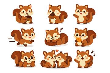 Obraz premium Cute cartoon squirrels with bushy tails in various cute poses and actions