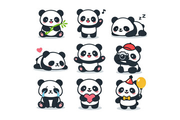 Naklejka premium Collection of cute cartoon pandas in various adorable poses and activities