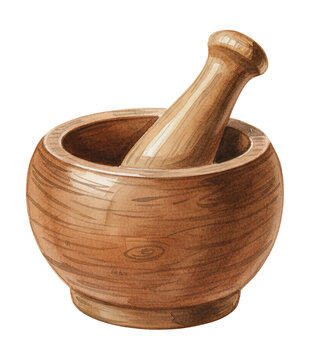 Wooden Mortar and Pestle Kitchen Tool for Grinding Spices and Herbs Isolated White Background