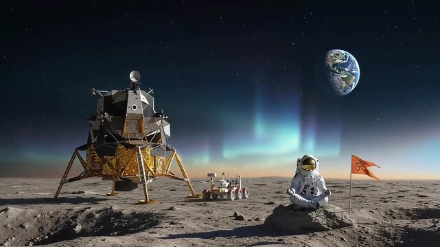 Astronaut on Moon with Lunar Lander and Earth in Background Aurora Borealis.