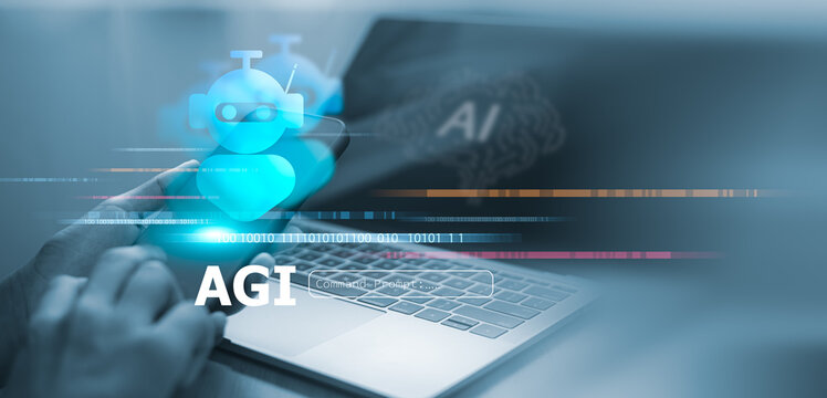Person using smartphone and laptop with AGI (Artificial General Intelligence) robot and command prompt overlay. Concept of advanced AI technology, machine learning, and future of automation.