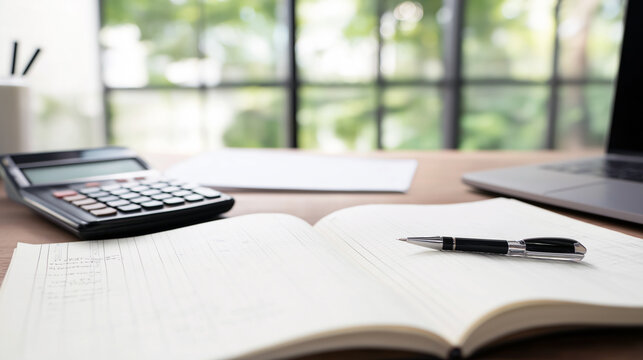 Organized Work Environment, Prepared Workspace With Tools Organized, Tidy Desk Featuring Calculator And Planning Documents, Calm And Orderly Setting With Financial Planning Materials Present