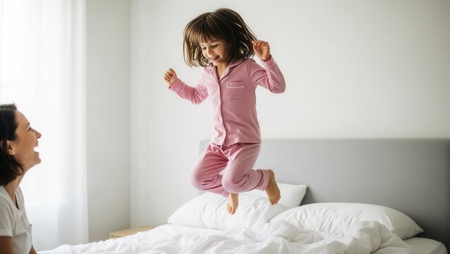 Joyful child jumping on bed in pink pajamas at home