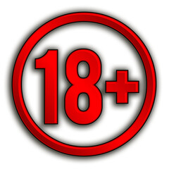 Obraz premium Red 18 plus age restriction icon with bold numbers inside a circular frame. Glossy red style with dark outline and subtle glow. Isolated on transparent background.