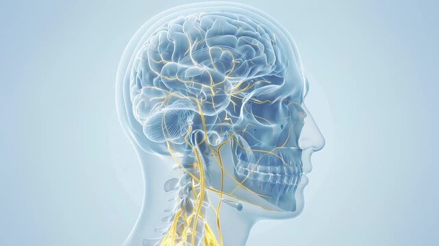 Transparent human head showing brain and cranial nerves with neural signals traveling through the nervous system