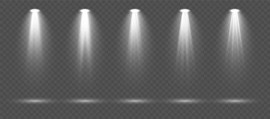 Stage spotlight illumination scene with bright white rays, soft glowing edges and atmospheric haze isolated on transparent background suitable for concert designs, theater posters and vector stock gra © Felicety