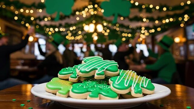 Deliciously Decorated St. Patrick's Day Cookies with Green Icing Displayed in a Festively Decorated Pub Celebrating the Irish Holiday Spirit