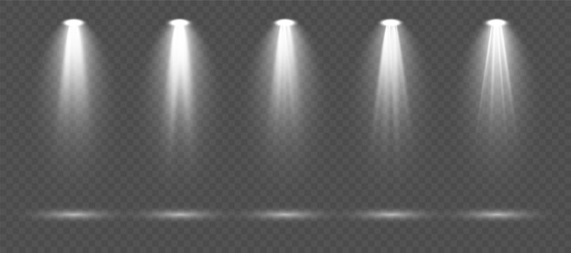 Stage spotlight illumination scene with bright white rays, soft glowing edges and atmospheric haze isolated on transparent background suitable for concert designs, theater posters and vector stock gra