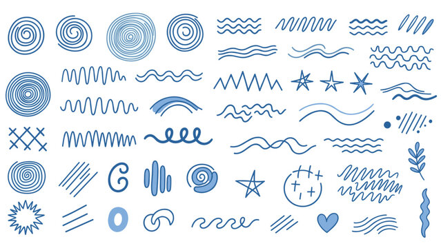 Large variety of hand-drawn blue doodles includes spirals, wavy lines, stars, circles, and abstract scribbles on a white background.